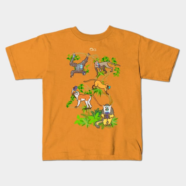 Monkeys on smartphones Kids T-Shirt by santiaguer